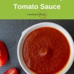 banner for pinterest, white bowl on black background containing red sauce