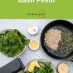 Pinterest image ingredients flat lay on grey background for Thermomix Pesto