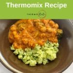 green pinterest banner, broccoli chana masala and cauliflower rice in brown dish