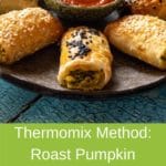 pinterest green banner above image - pumpkin and fetta rolls in star shape, tomato sauce in the middle