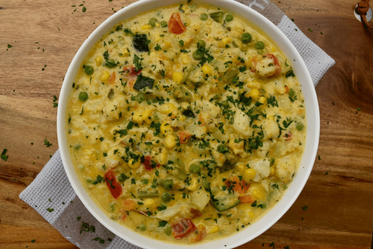 Birdseye view of thermomix vegetable casserole showing a creamy casserole in a white dish, topped with lots of finely chopped parsley. Sitting on a tea towel on a wooden board