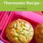 thermomix cheesy savoury muffins in pink lunchbox with green band up top with recipe title for pinterest