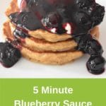 blueberry sauce on pancake stack on white plate on colourful placemat. Green banner underneath, with recipe title and Thermobexta logo