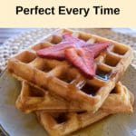 pin three thermomix waffles with maple syrup and strawberries