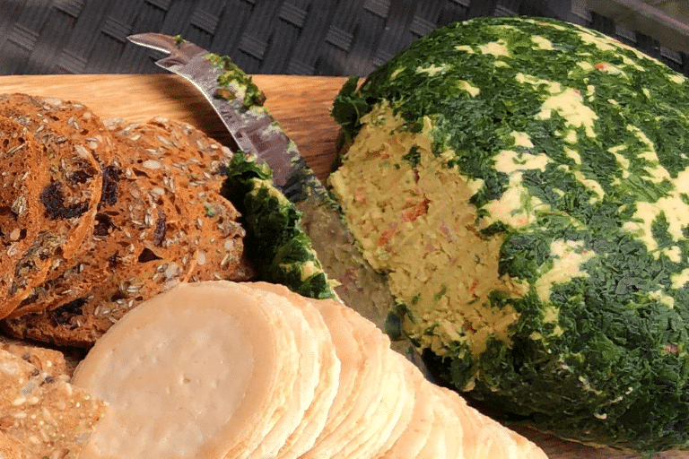 thermomix entertaining cheese ball on board with crackers and knife