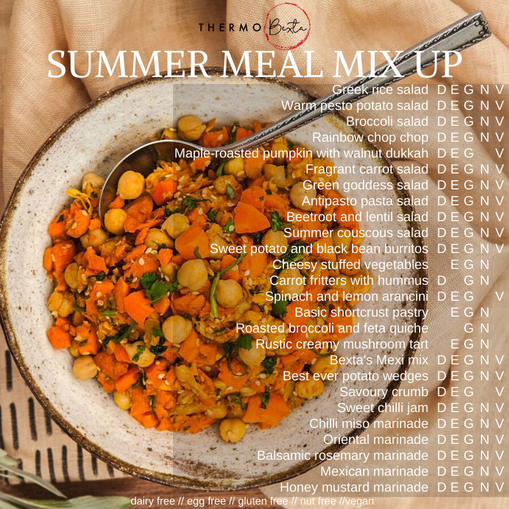 summer meal mix up index with chickpea carrot salad in bowl on beige fabric in background.