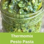 Jar of pesto, banner for pinterest