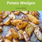 thermomix potato wedges on tray, green pinterest banner