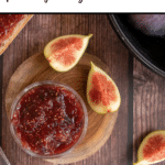 text 'thermomix spiced fig, honey and lemon jam' at top, then image of jam in jar on wooden background, Birdseye view. Thermobexta logo in coloured strip along bottom