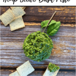 text 'thermobexta thermomix hemp seed and basil pesto' at top, image of pesto in jar with spoon, surrounded by crackers and basil, on wooden table. Black strip along bottom with thermobexta logo in it