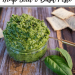 text 'thermobexta thermomix hemp seed and basil pesto' at top, image of pesto in jar, next to basil leaves and crackers on wooden table. Black strip along bottom containing thermobexta logo