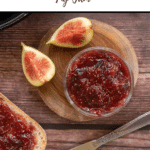 text 'Thermobexta thermomix fig jam' at top, then image of jam in jar with sliced figs on wooden backdrop. Thermobexta logo in brown strip along bottom