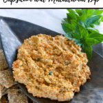 roasted capsicum dip pin with title up top and thermobexta logo underneath image of dip in a black leaf shaped dish on a plate with crackers around it. Basil on top of dip.