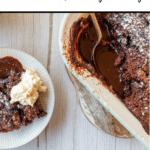 text 'thermomix chocolate self saucing pudding' at top, brown strip at bottom with thermobexta logo in it. Image in middle is part dishes of pudding with cream dished up and the dish it came out of