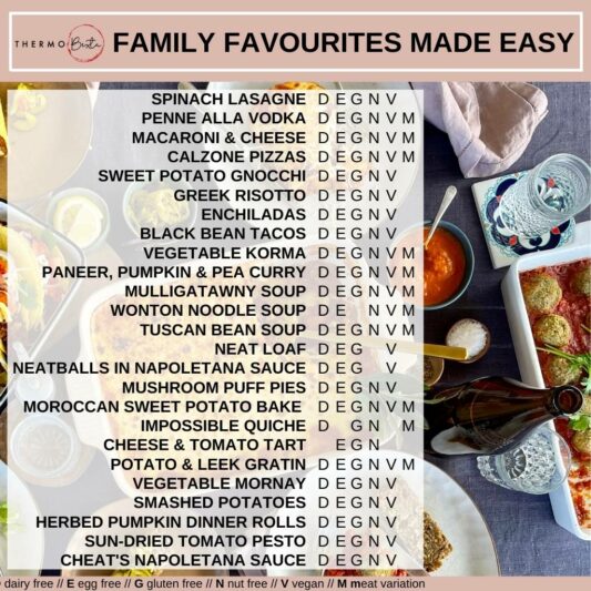 contents list of recipes in family favourites made easy thermomix vegetarian meals cookbook thermobexta