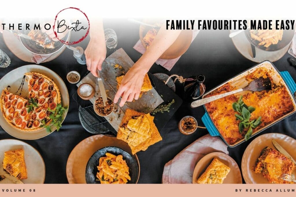 cover page family favourites made easy. table full of different dishes