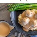 swedish meatball gravy pin, image of mashed potato topped with vego meatballs covered in gravy cream sauce, small jug to the left with more sauce