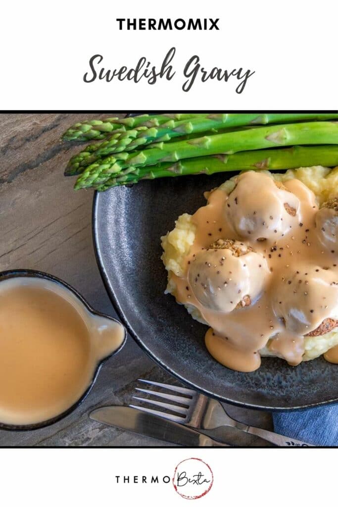 swedish meatball gravy pin, image of mashed potato topped with vego meatballs covered in gravy cream sauce, small jug to the left with more sauce