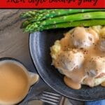 swedish meatball gravy pin, image of mashed potato topped with vego meatballs covered in gravy cream sauce, small jug to the left with more sauce