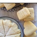 various shortbread shapes - rectanbles, love hearts and the edge of a sliced circle on a plate