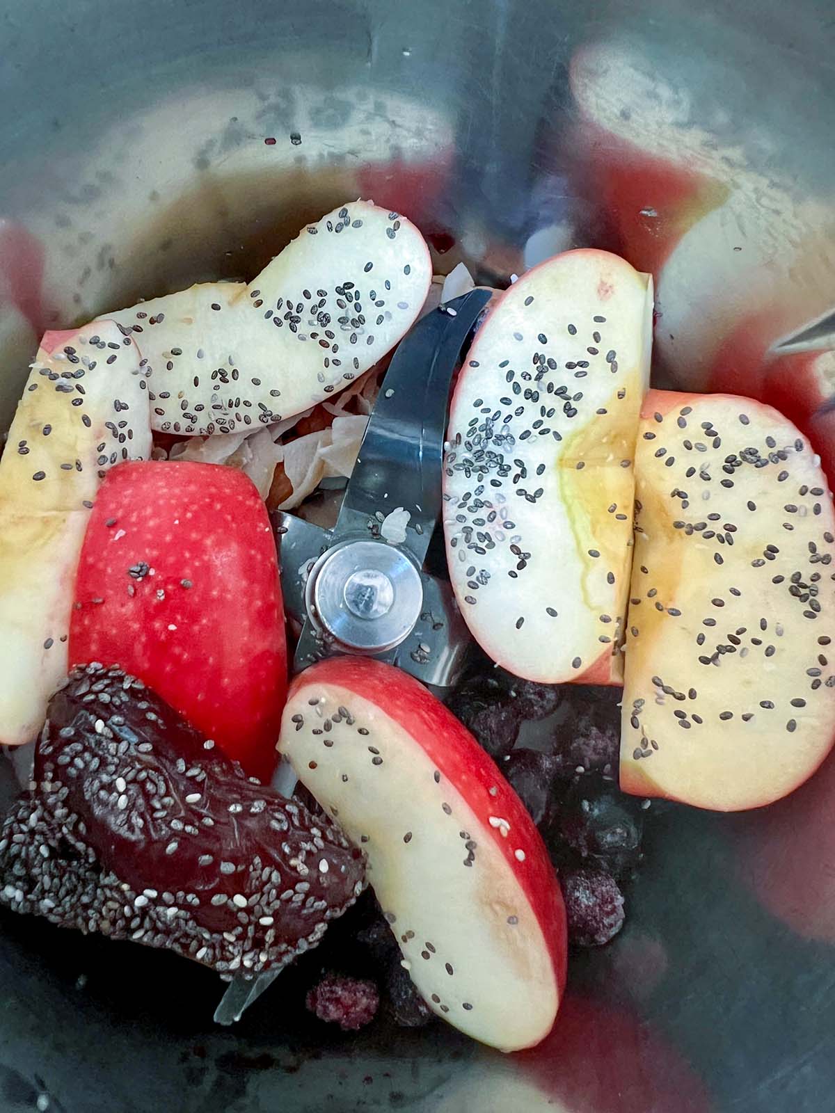 Birdseye view of fruit breakfast - in thermomix bowl before chopping