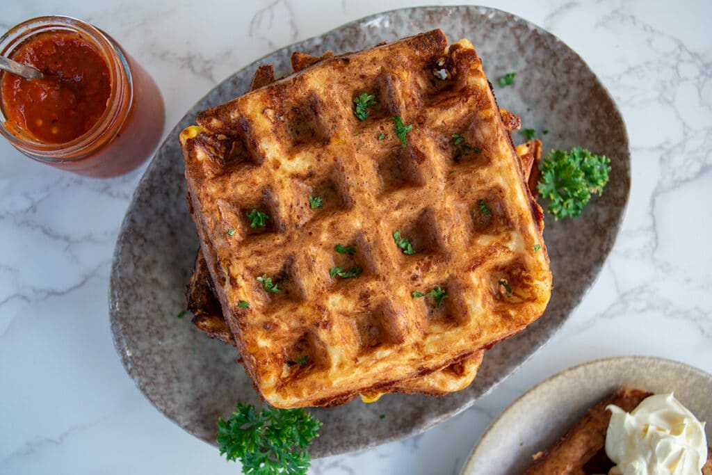 stack of cauliflower cheese savoury waffles on a grey plate. Chilli sauce in a jar above left and part of a plated up waffle bottom right