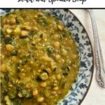 lentil and spinach soup in a white and blue bowl, text 'thermobexta lentil and spinach soup' above and thermobexta logo below