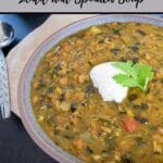 lentil and spinach soup in a grey bowl, text above 'thermomix lentil and spinach soup' and below 'thermobexta'