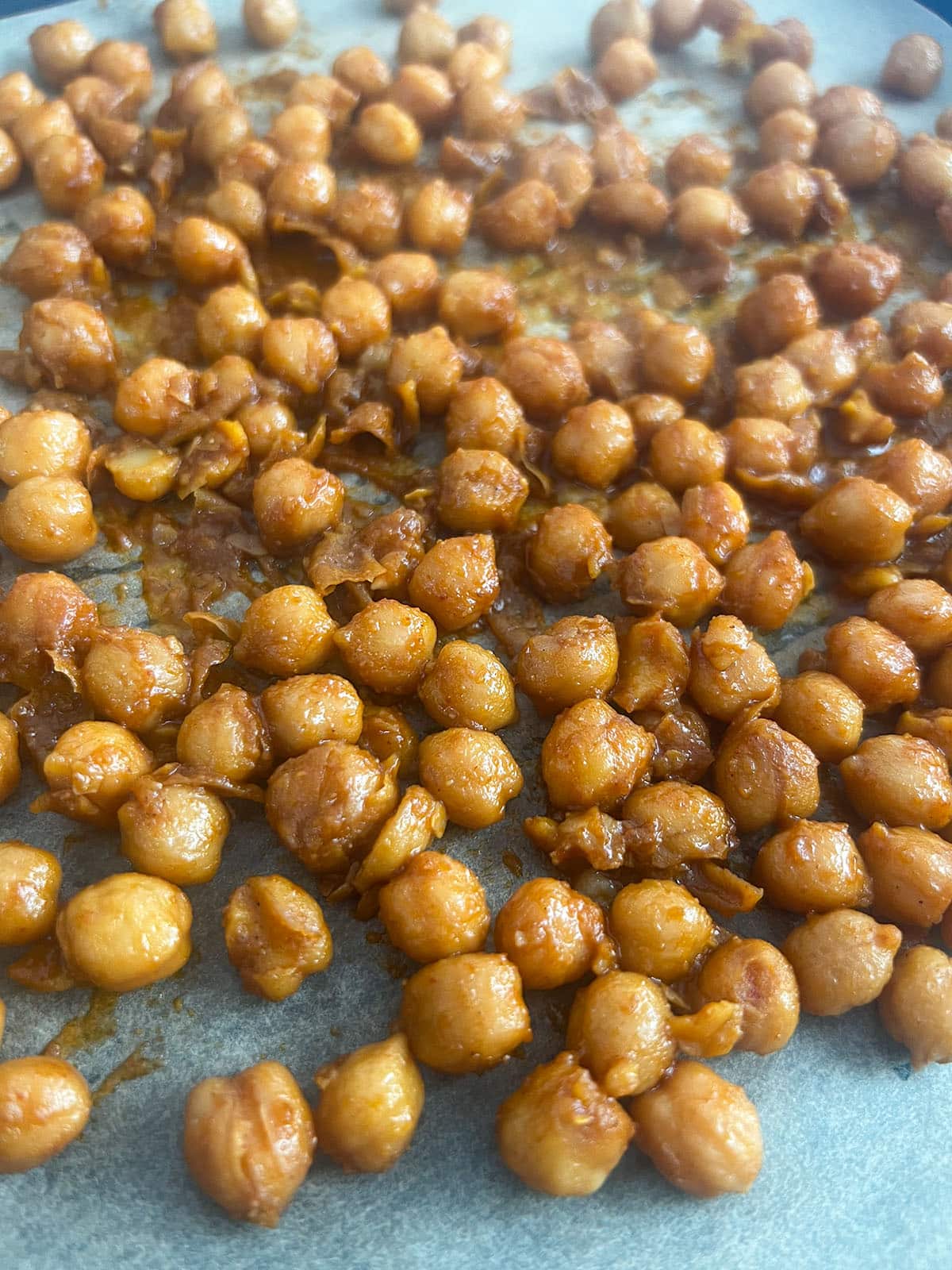 vegetarian cobb salad chickpeas on tray after being in thermomix