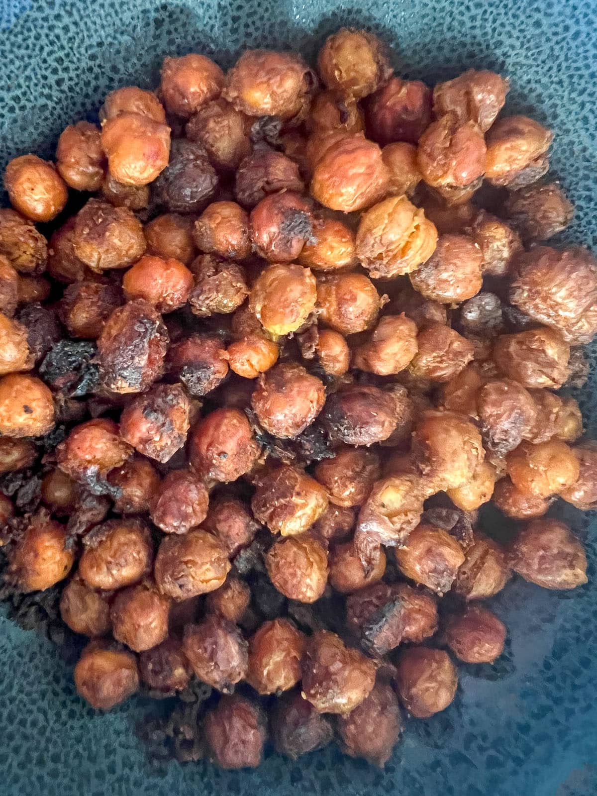 roasted chickpeas in speckled blue bowl for cobb salad